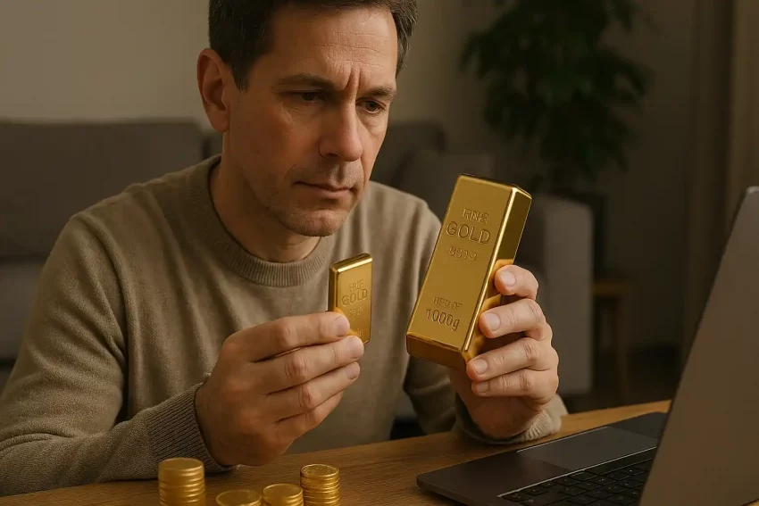 A man is carefully examining gold bars of different sizes, thinking about investing in precious metals as a safe haven during times of economic uncertainty.