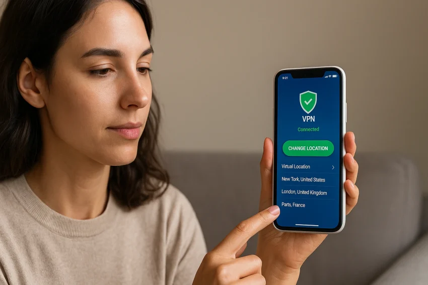 A woman is using a VPN to change her phone’s location.