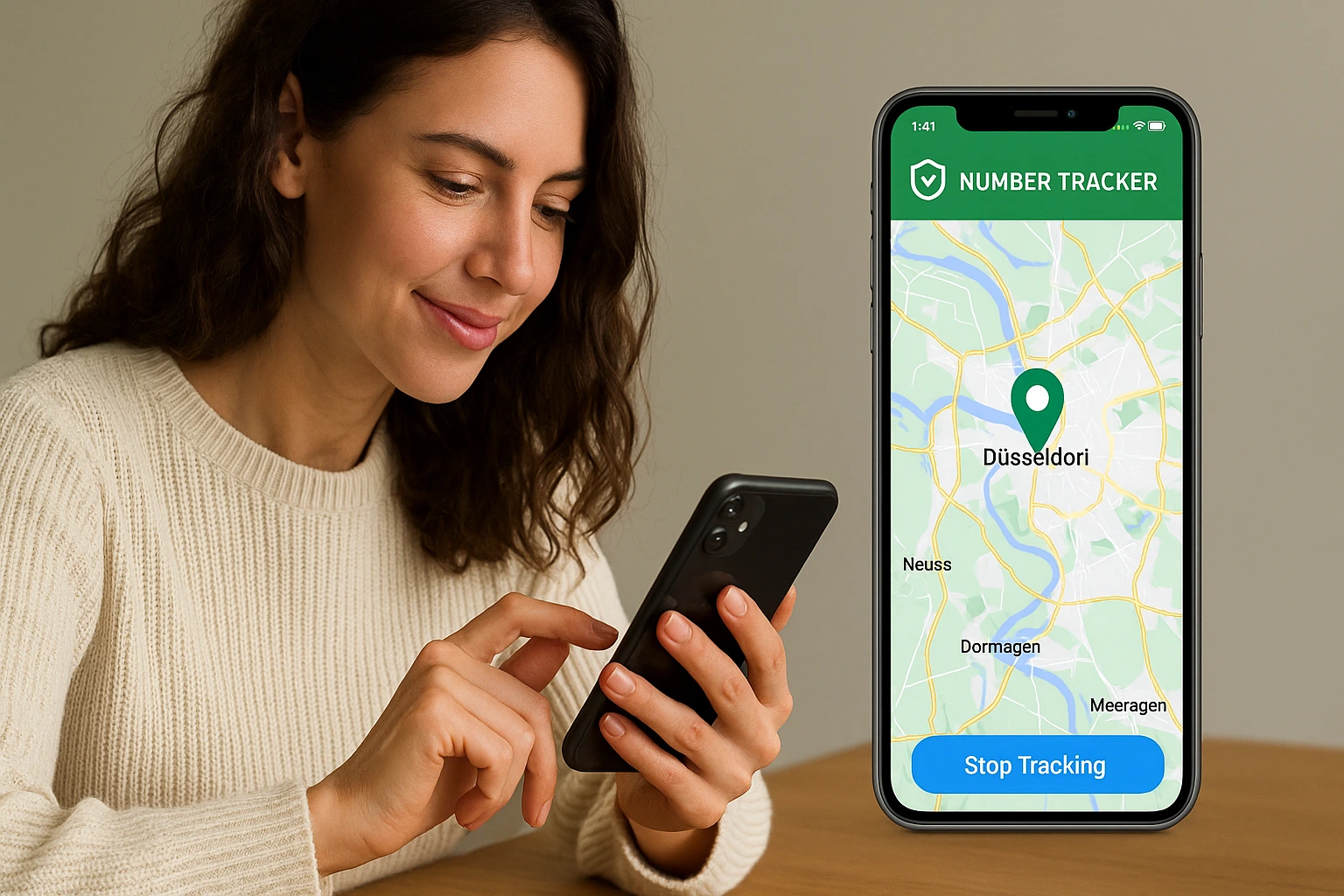 A woman tracks her phone via the Number Tracker app.
