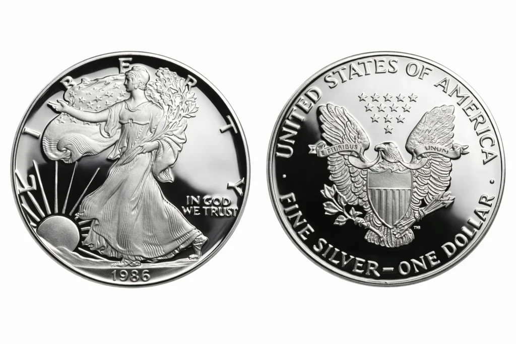 1986 American Silver Eagle Proof coin obverse and reverse.