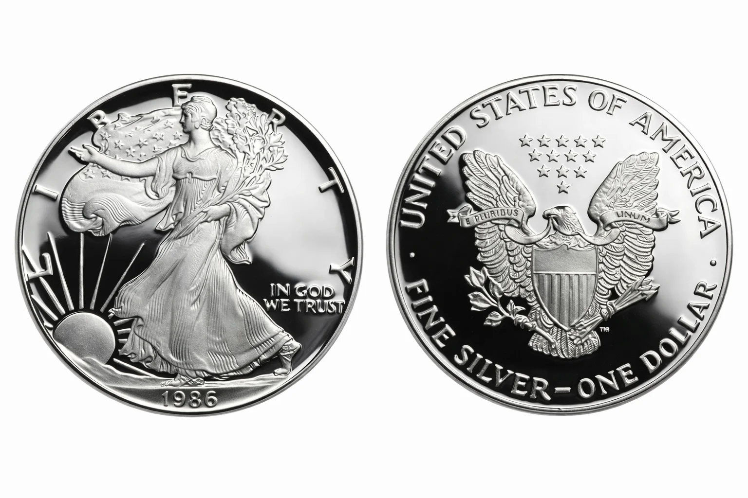1986 American Silver Eagle Proof coin obverse and reverse.