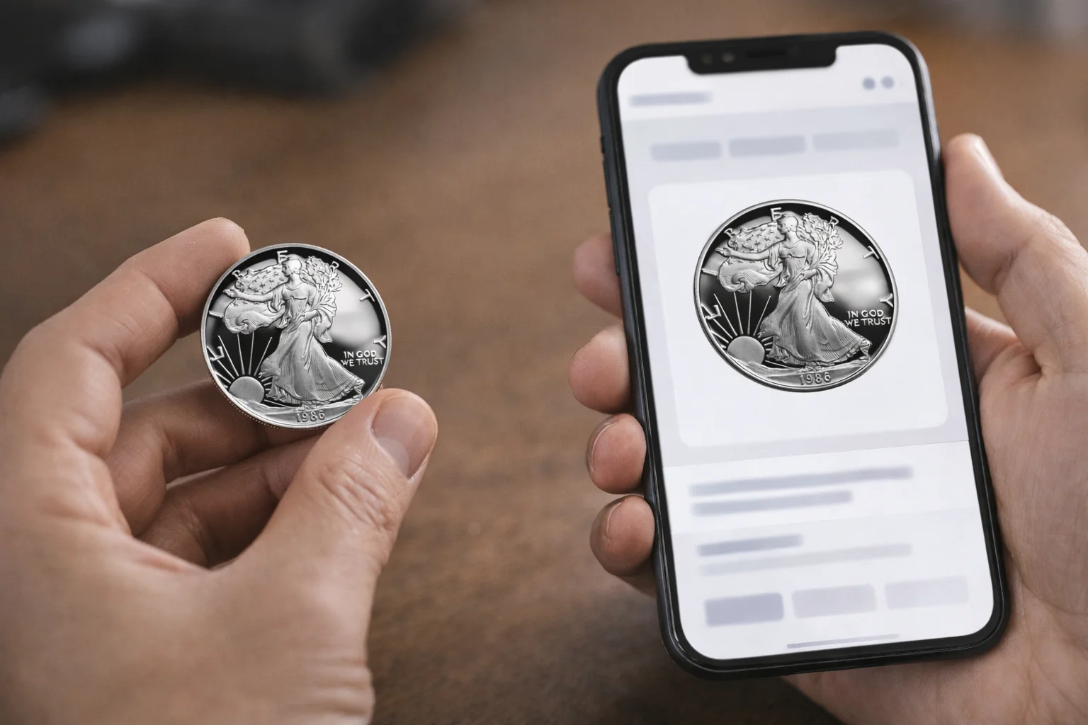 Collector is waiting for the results of the coin’s identification, using a coin ID and value checker app on a smartphone.